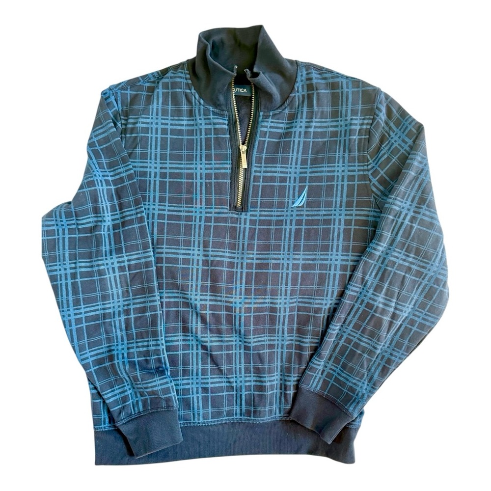 NAUTICA Men’s Mock Navy Plaid Quarter Zip Sweater / Sweatshirt — Size Medium